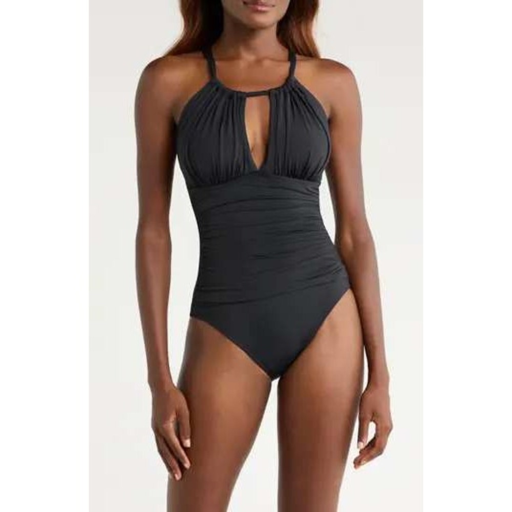 New La Blanca Swimsuit Womens 14 Island Goddess Black Halter Keyhole Resortwear